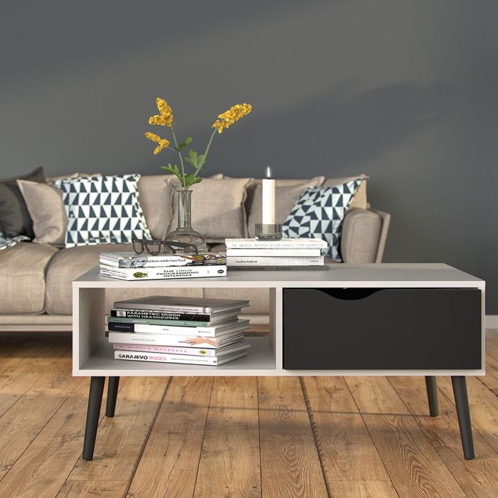 Oslo Coffee Table 1 Drawer 1 Shelf in White and Black Matt FSC Mix 70 % NC-COC-060652 - UK