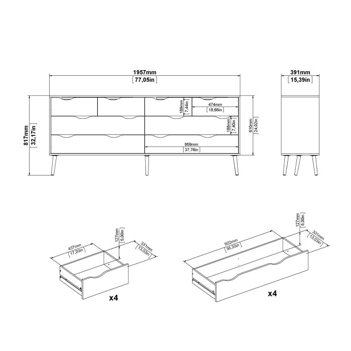 Oslo Double Dresser with 8 Drawers in White and Oak - UK