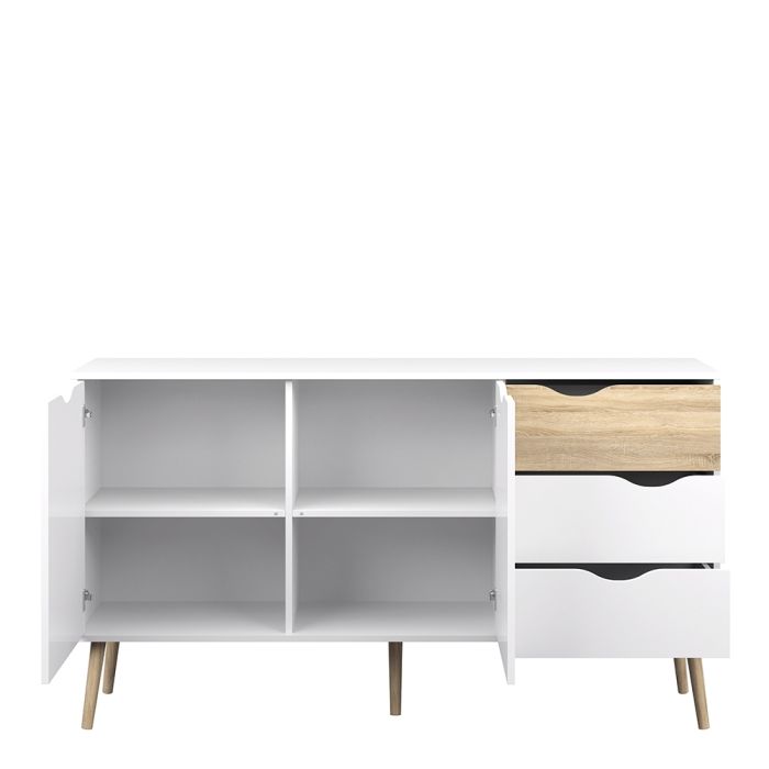 Oslo Large Sideboard with 3 Drawers 2 Doors in White and Oak - UK