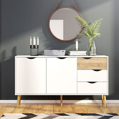Oslo Large Sideboard with 3 Drawers 2 Doors in White and Oak - UK