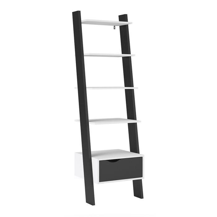 Oslo Leaning Bookcase 1 Drawer in White and Black Matt - UK