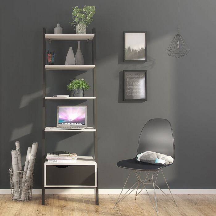 Oslo Leaning Bookcase 1 Drawer in White and Black Matt - UK