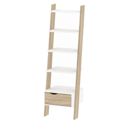 Oslo Leaning Bookcase 1 Drawer in White and Oak FSC Mix 70 % NC-COC-060652 - UK