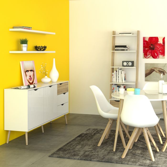 Oslo Leaning Bookcase 1 Drawer in White and Oak FSC Mix 70 % NC-COC-060652 - UK