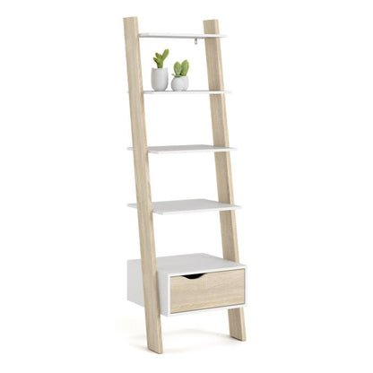 Oslo Leaning Bookcase 1 Drawer in White and Oak FSC Mix 70 % NC-COC-060652 - UK