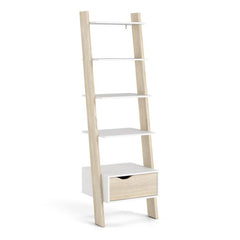 Oslo Leaning Bookcase 1 Drawer in White and Oak FSC Mix 70 % NC-COC-060652 - UK
