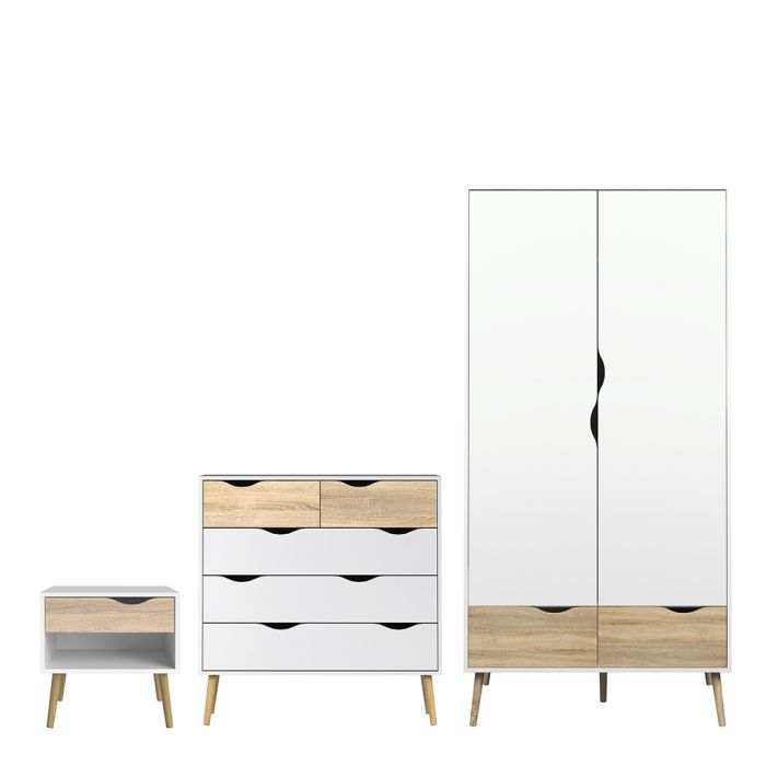 Oslo Package - Bedside 1 Drawer + Chest of 5 Drawers (2+3) + Wardrobe 2 Doors 2 Drawers in White and Oak - UK