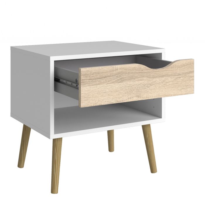 Oslo Package - Bedside 1 Drawer + Chest of 5 Drawers (2+3) + Wardrobe 2 Doors 2 Drawers in White and Oak - UK