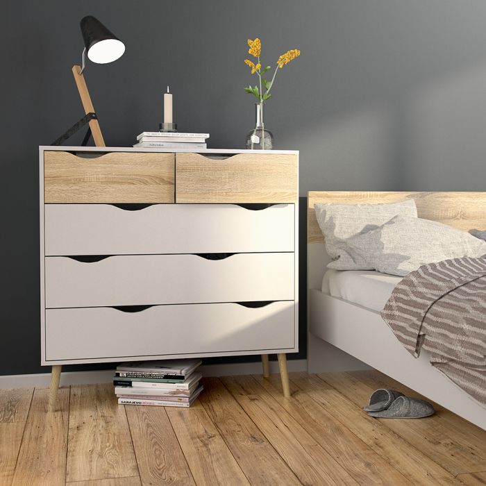 Oslo Package - Bedside 1 Drawer + Chest of 5 Drawers (2+3) + Wardrobe 2 Doors 2 Drawers in White and Oak - UK