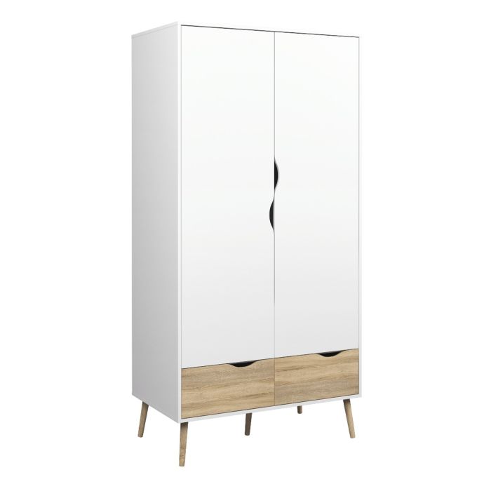 Oslo Package - Bedside 1 Drawer + Chest of 5 Drawers (2+3) + Wardrobe 2 Doors 2 Drawers in White and Oak - UK