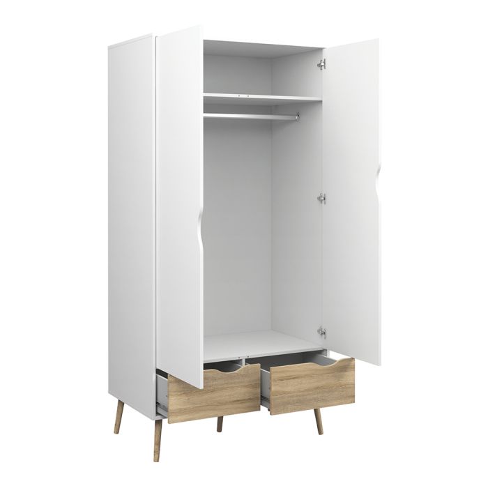 Oslo Package - Bedside 1 Drawer + Chest of 5 Drawers (2+3) + Wardrobe 2 Doors 2 Drawers in White and Oak - UK