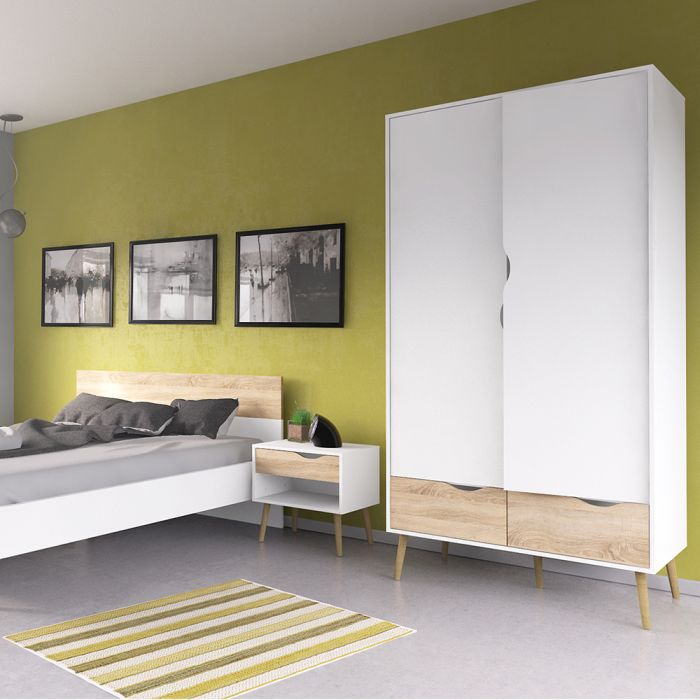 Oslo Package - Bedside 1 Drawer + Chest of 5 Drawers (2+3) + Wardrobe 2 Doors 2 Drawers in White and Oak - UK