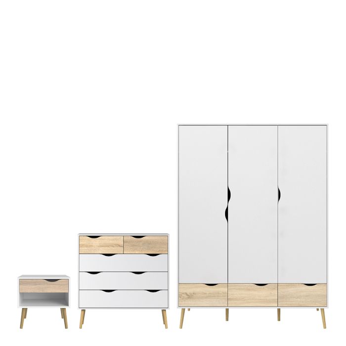 Oslo Package - Bedside 1 Drawer + Chest of 5 Drawers (2+3) + Wardrobe 3 Doors 3 Drawers in White and Oak - UK