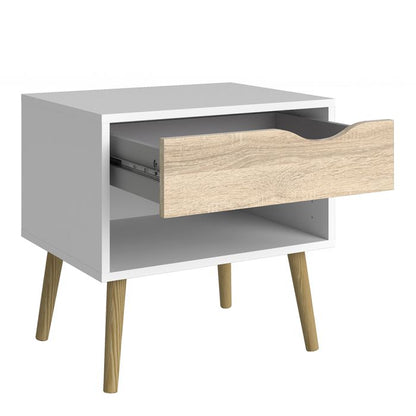 Oslo Package - Bedside 1 Drawer + Chest of 5 Drawers (2+3) + Wardrobe 3 Doors 3 Drawers in White and Oak - UK