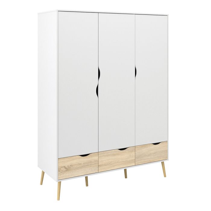 Oslo Package - Bedside 1 Drawer + Chest of 5 Drawers (2+3) + Wardrobe 3 Doors 3 Drawers in White and Oak - UK