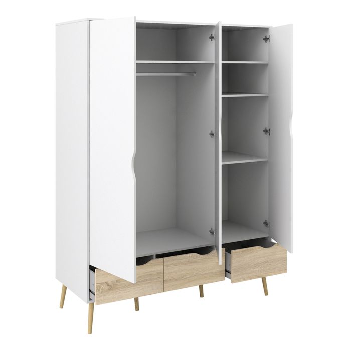 Oslo Package - Bedside 1 Drawer + Chest of 5 Drawers (2+3) + Wardrobe 3 Doors 3 Drawers in White and Oak - UK