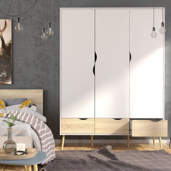 Oslo Package - Bedside 1 Drawer + Chest of 5 Drawers (2+3) + Wardrobe 3 Doors 3 Drawers in White and Oak - UK