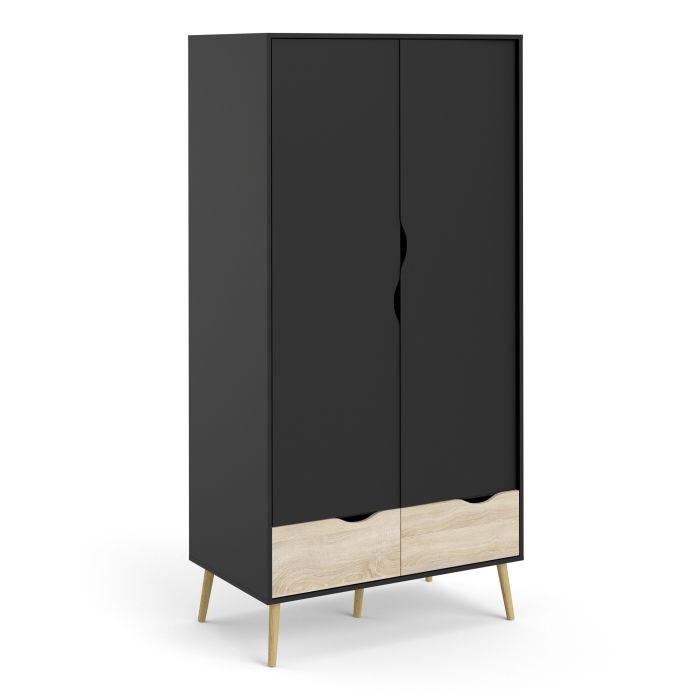 Oslo Wardrobe with 2 Doors 2 Drawers in Black and Oak - UK