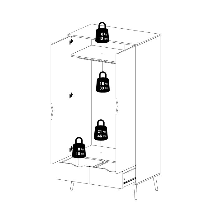 Oslo Wardrobe with 2 Doors 2 Drawers in Black and Oak - UK