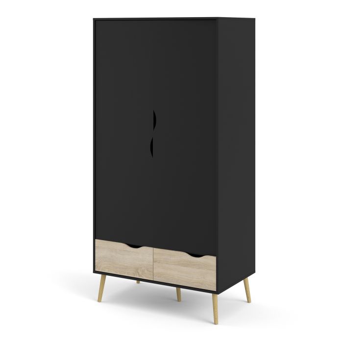 Oslo Wardrobe with 2 Doors 2 Drawers in Black and Oak - UK