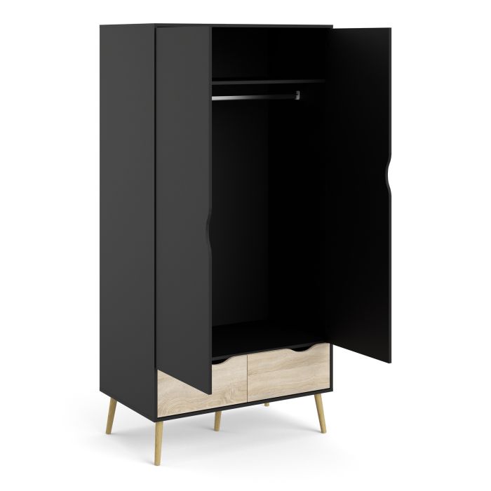 Oslo Wardrobe with 2 Doors 2 Drawers in Black and Oak - UK