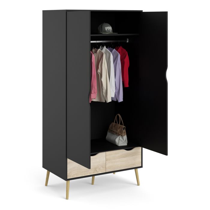 Oslo Wardrobe with 2 Doors 2 Drawers in Black and Oak - UK