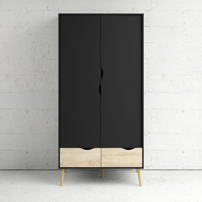 Oslo Wardrobe with 2 Doors 2 Drawers in Black and Oak - UK