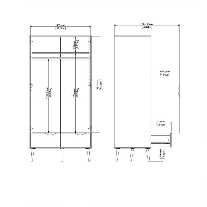 Oslo Wardrobe with 2 Doors 2 Drawers in Black and Oak - UK