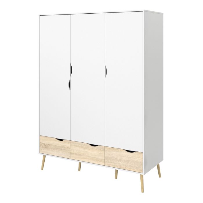 Oslo Wardrobe with 3 Doors 3 Drawers in White and Oak - UK