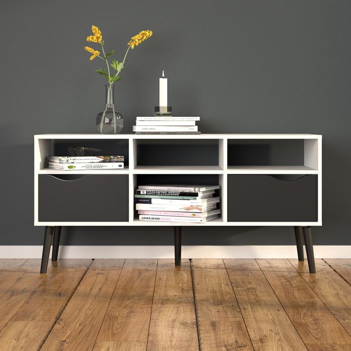 Oslo Wide TV Unit with 2 Drawers 4 Shelves in White and Black Matt - UK