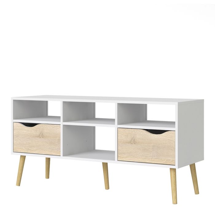 Oslo Wide TV Unit with 2 Drawers 4 Shelves in White and Oak - UK