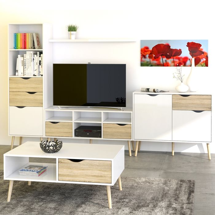 Oslo Wide TV Unit with 2 Drawers 4 Shelves in White and Oak - UK