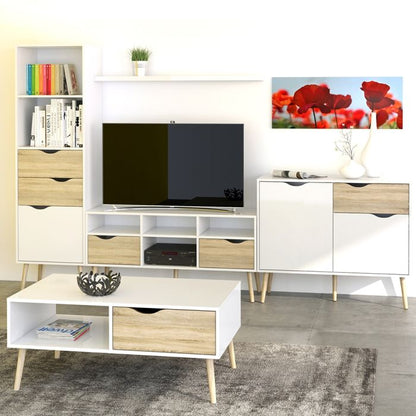 Oslo Wide TV Unit with 2 Drawers 4 Shelves in White and Oak - UK
