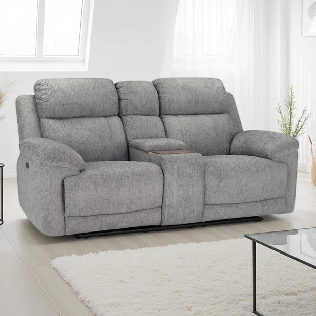Owen Electric Recliner Sofa In Grey Fabric 2 Seater with Wireless Charging