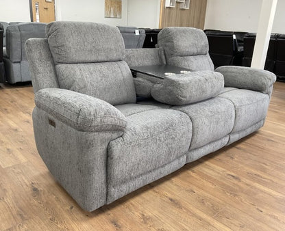 Owen Electric Recliner Sofa In Grey Fabric 3 Seater with Wireless Charging & Console - Furniture One Shop