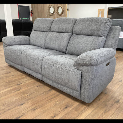 Owen Electric Recliner Sofa In Grey Fabric 3 Seater with Wireless Charging & Console