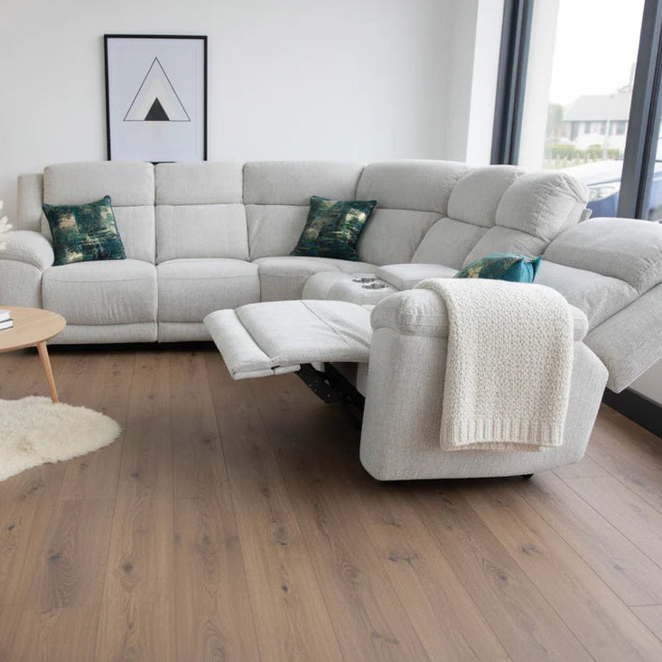 Owen Fabric Electric Recliner Corner Sofa In Beige