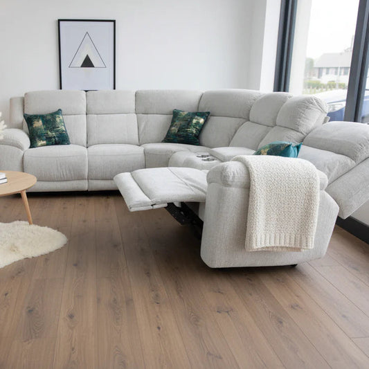 Owen Fabric Electric Recliner Corner Sofa In Beige