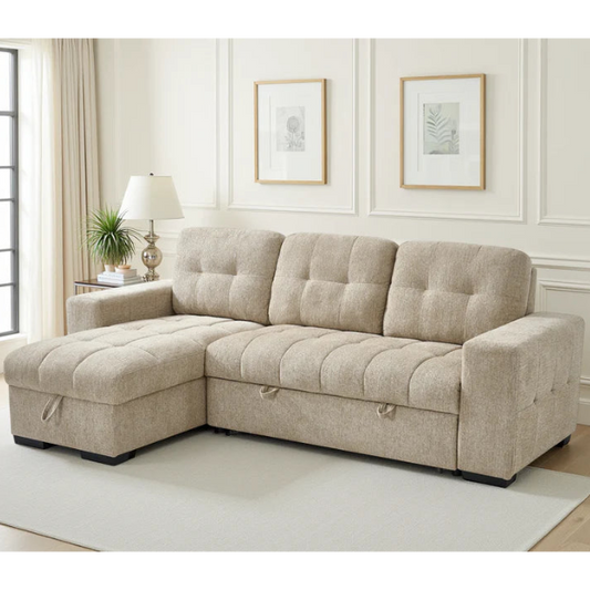 Palermo Universal Corner Sofa Bed In Beige Fabric with Storage