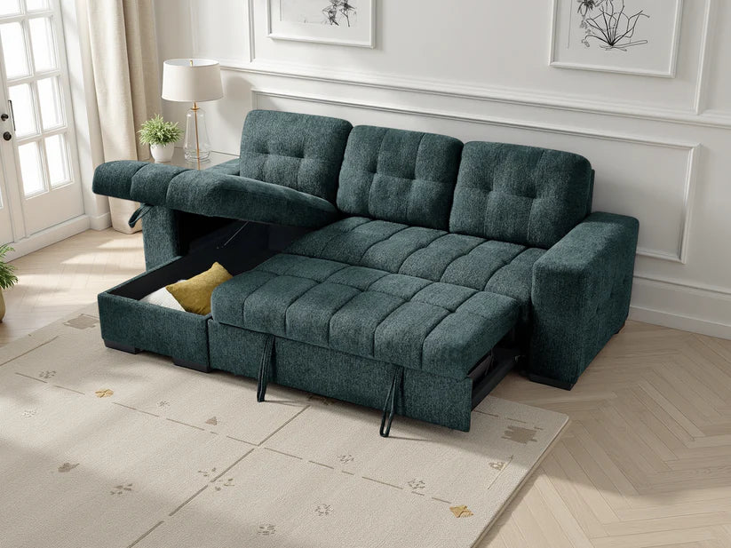 Palermo Universal Corner Sofa Bed In Blue Fabric with Storage
