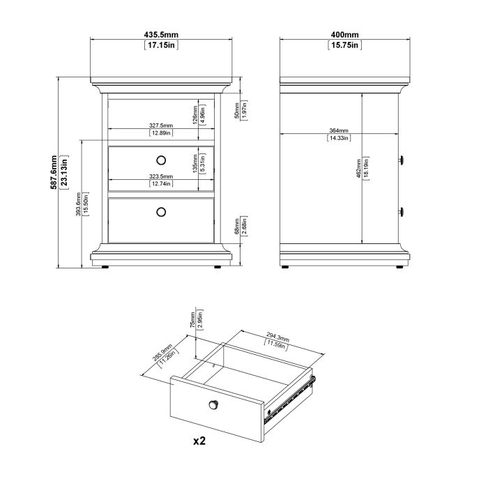 Paris Bedside 2 Drawers in Matt Grey - UK