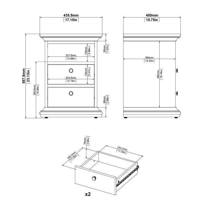 Paris Bedside 2 Drawers in White - UK