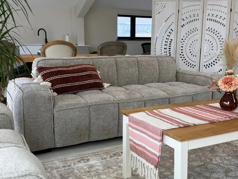 Paris Channel Tufted 3 Seater Sofa In Beige Fabric - Furniture One Shop