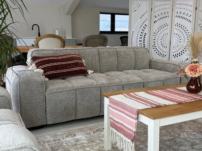Paris Channel Tufted 3 Seater Sofa In Beige Fabric - Furniture One Shop