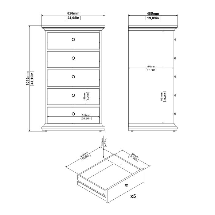 Paris Chest 5 drawers in Matt Grey - UK