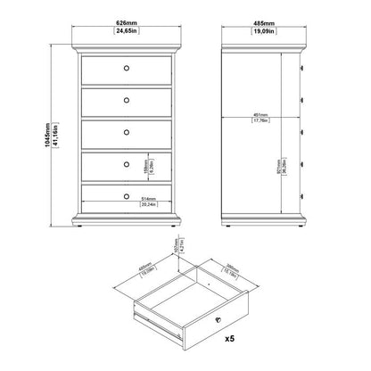 Paris Chest 5 drawers in Matt Grey - UK
