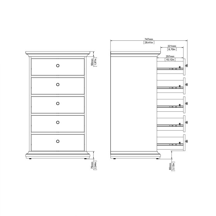 Paris Chest 5 drawers in Matt Grey - UK