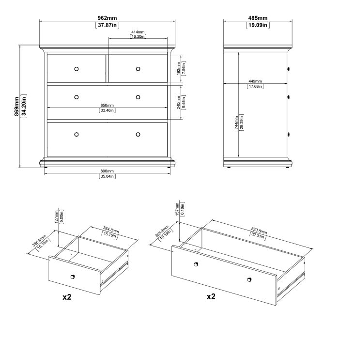 Paris Chest of 4 Drawers in Matt Grey - UK