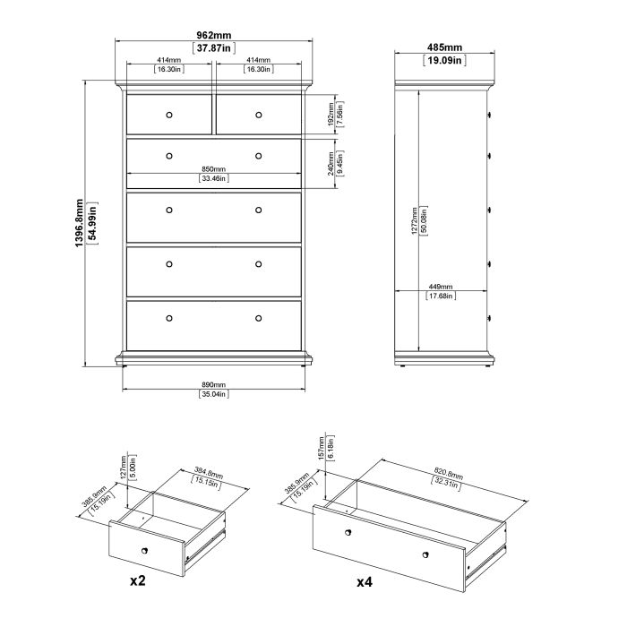 Paris Chest of 6 Drawers in Matt Grey - UK