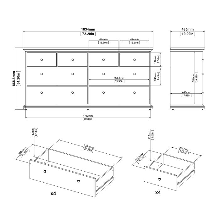 Paris Chest of 8 Drawers in White - UK